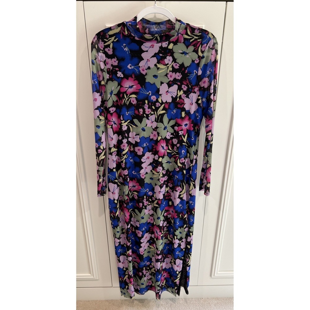 Bar III Floral Mesh Long Sleeve Maxi Dress Mock Neck Whimsigoth Artsy
